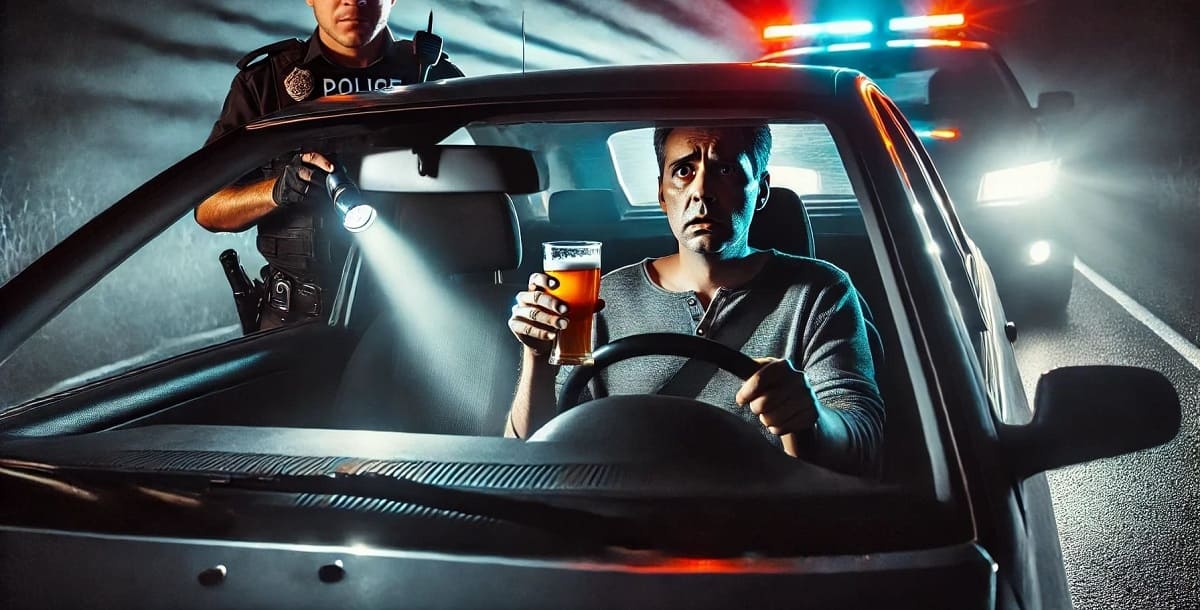 Homme au volant soumis à un contrôle routier un verre d'alcool à la main.